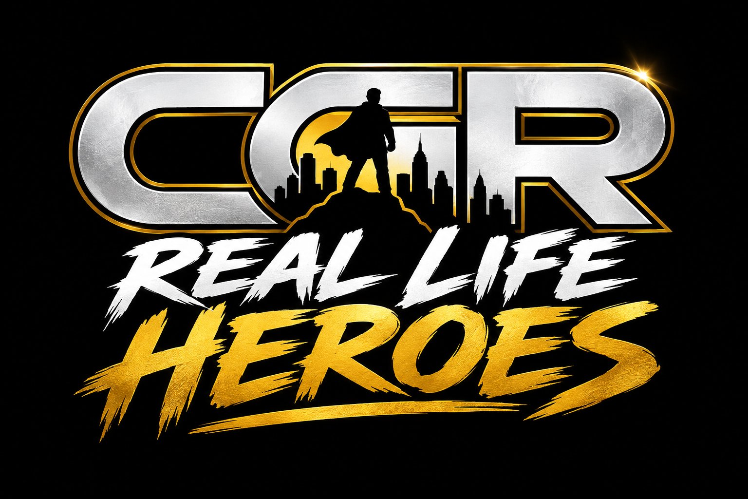 CGR REAL LIFE HEROES logo — a caped hero silhouette over the NYC skyline