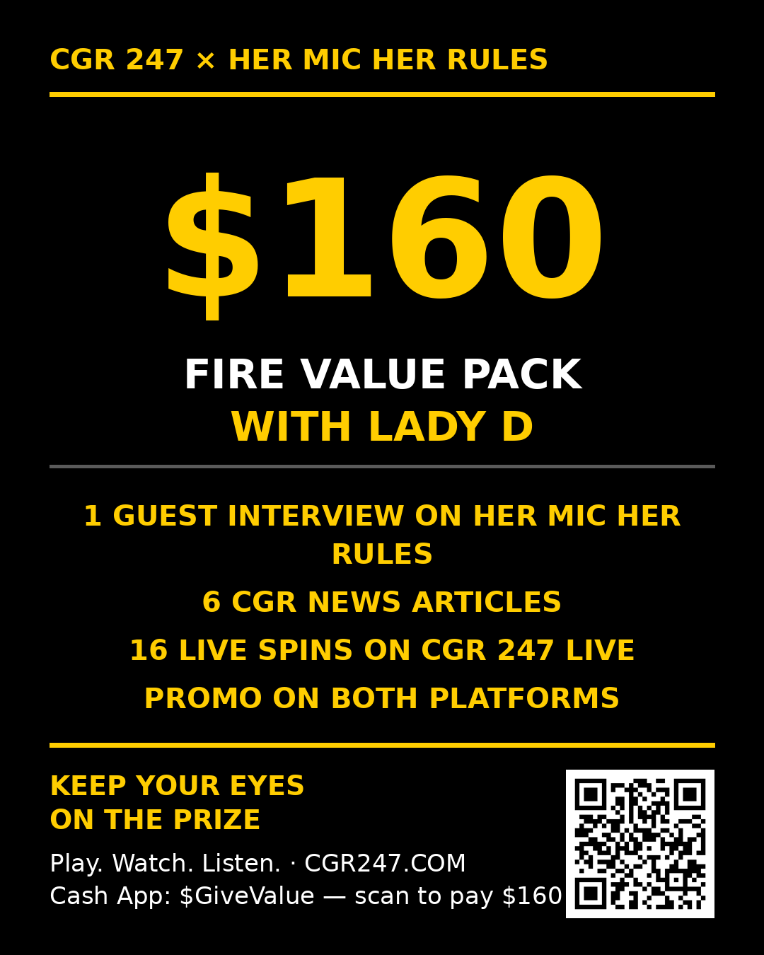 $160 FIRE VALUE PACK — CGR 247 x HER MIC HER RULES (LADY D) flyer